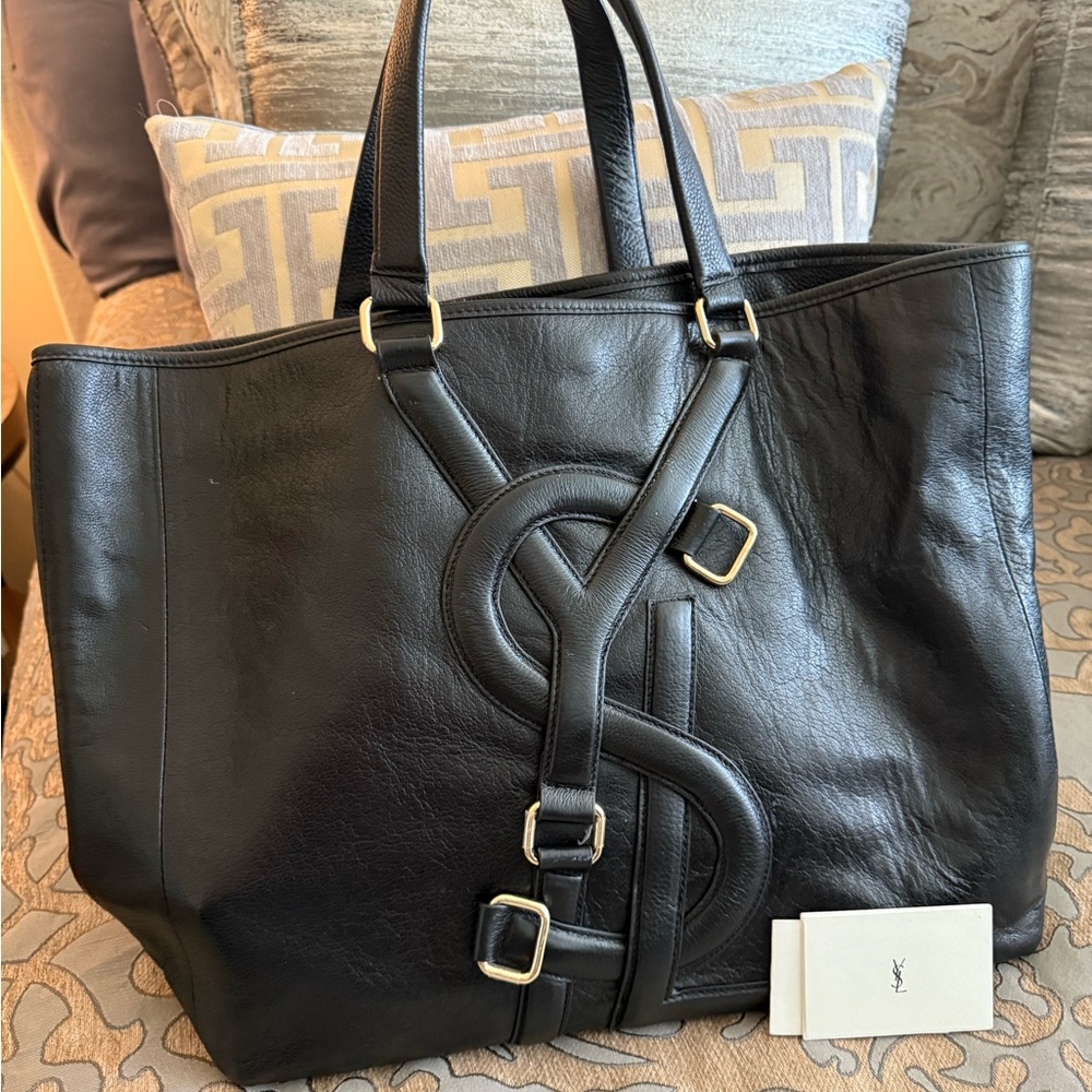 Yves Saint Laurent Black Leather Tote with Gold Accents